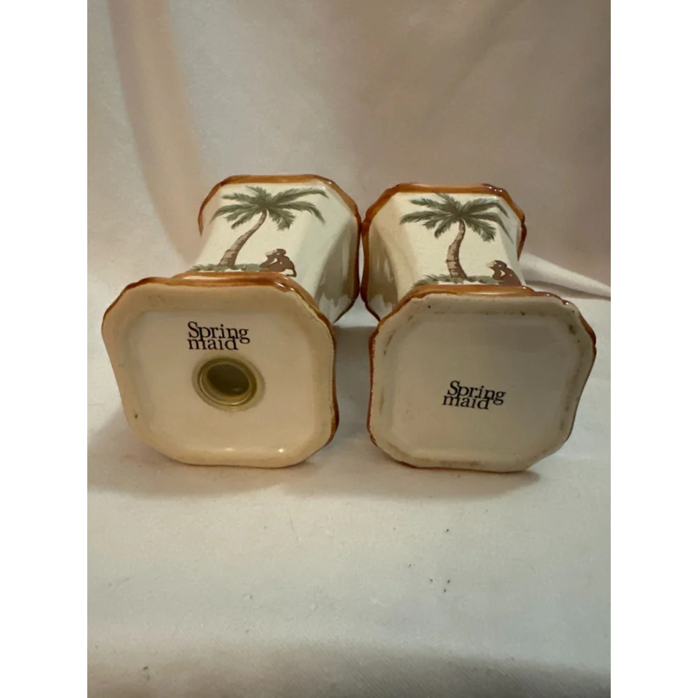 Vintage Springmaid Palm Tree Bathroom Set Toothbrush Holder & Tumbler Cup Cerami